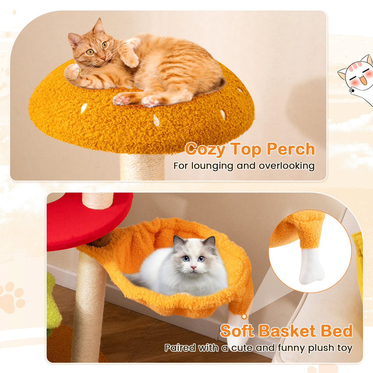 46 Inch Tall Multi-Level Cat Tree with Padded Perch, Condo & Hanging Basket Bed - Yellow Variation
