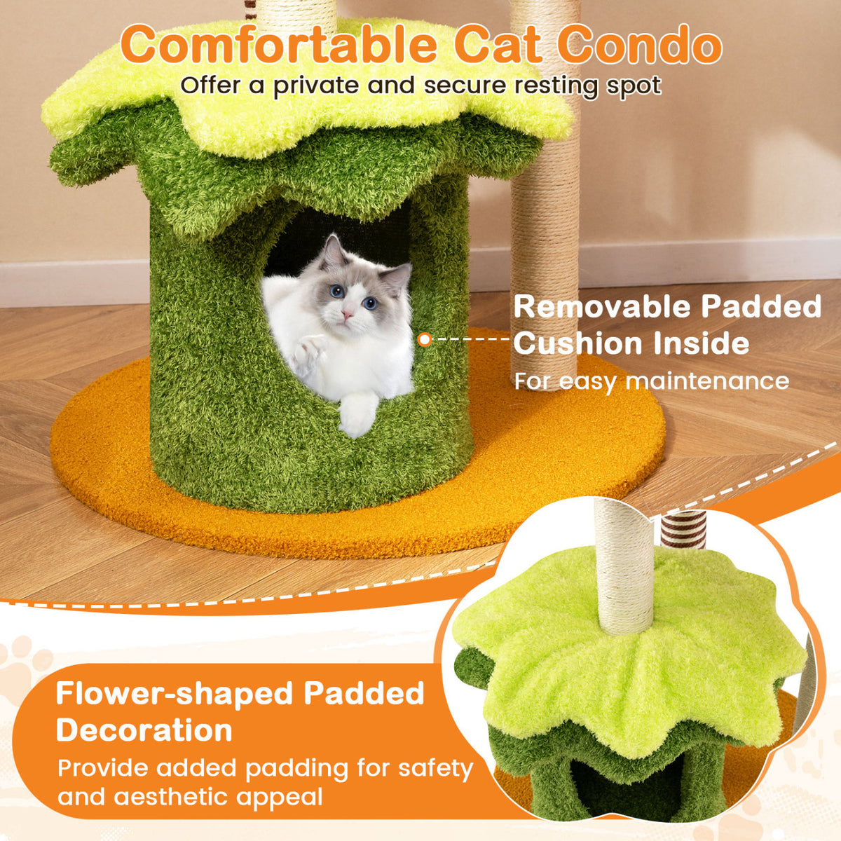 46 Inch Tall Multi-Level Cat Tree with Padded Perch, Condo & Hanging Basket Bed - Yellow Variation