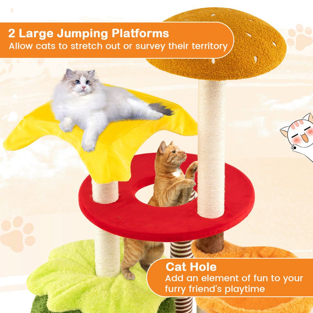 46 Inch Tall Multi-Level Cat Tree with Padded Perch, Condo & Hanging Basket Bed - Yellow Variation