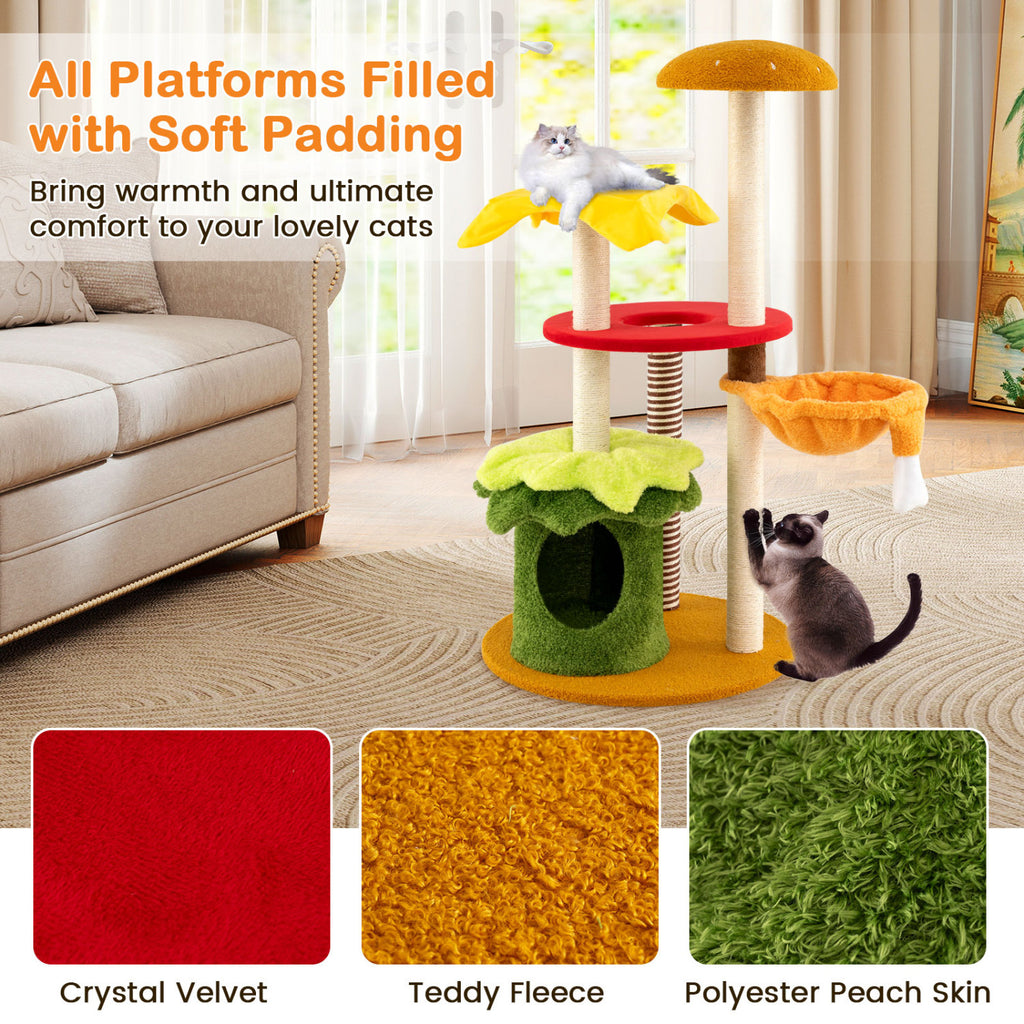46 Inch Tall Multi-Level Cat Tree with Padded Perch, Condo & Hanging Basket Bed - Yellow Variation