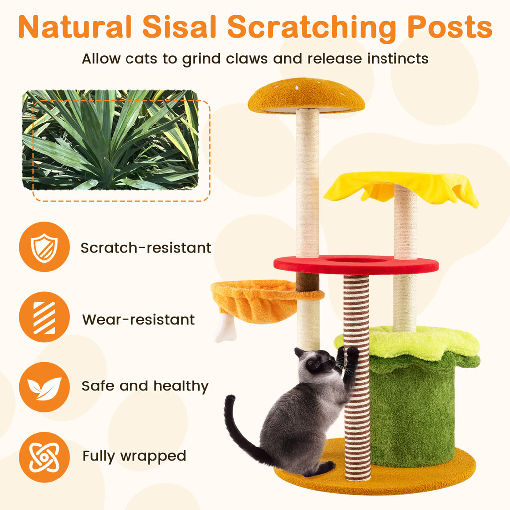 46 Inch Tall Multi-Level Cat Tree with Padded Perch, Condo & Hanging Basket Bed - Yellow Variation