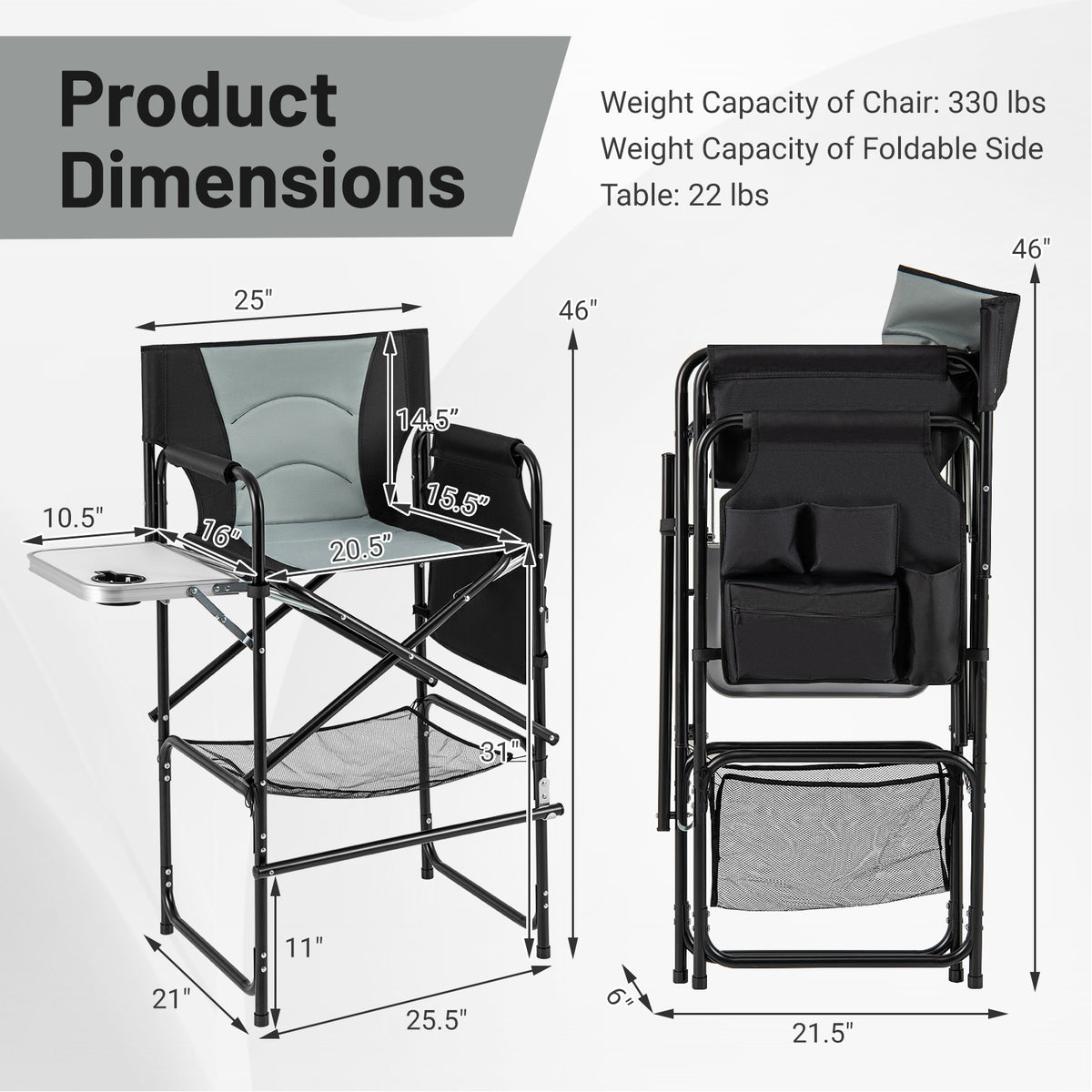 Director's Chair with Footrest & Side Table - Gray