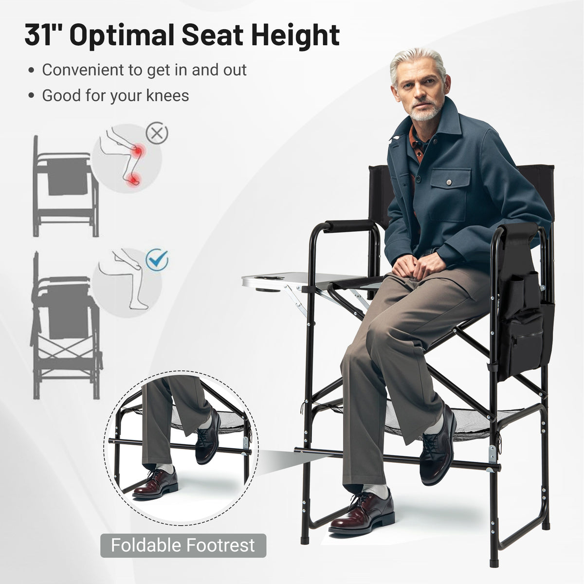 Director's Chair with Footrest & Side Table - Gray