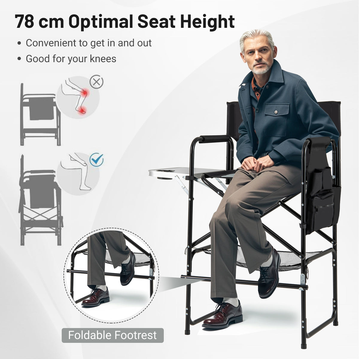 Director's Chair with Footrest & Side Table - Gray