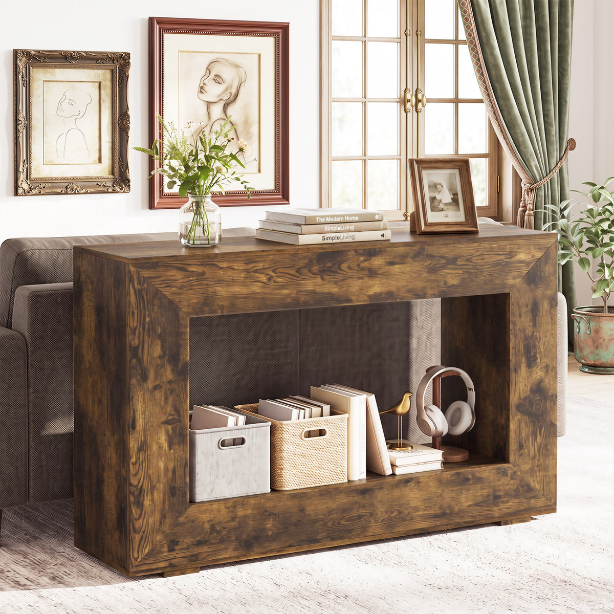 47" Farmhouse Console Table with Storage Shelf - Rustic Brown