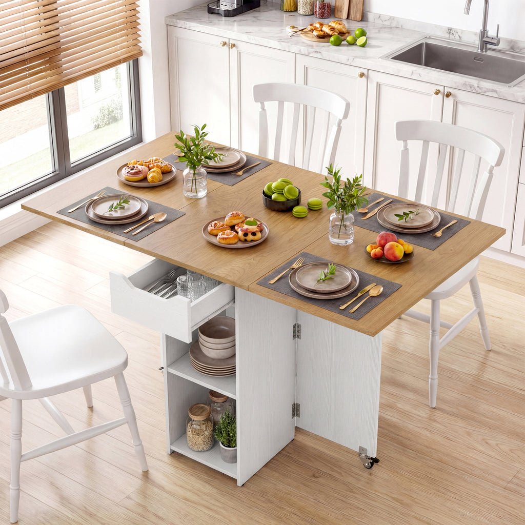 Farmhouse Extendable Dining Table with Storage & Wheels - White