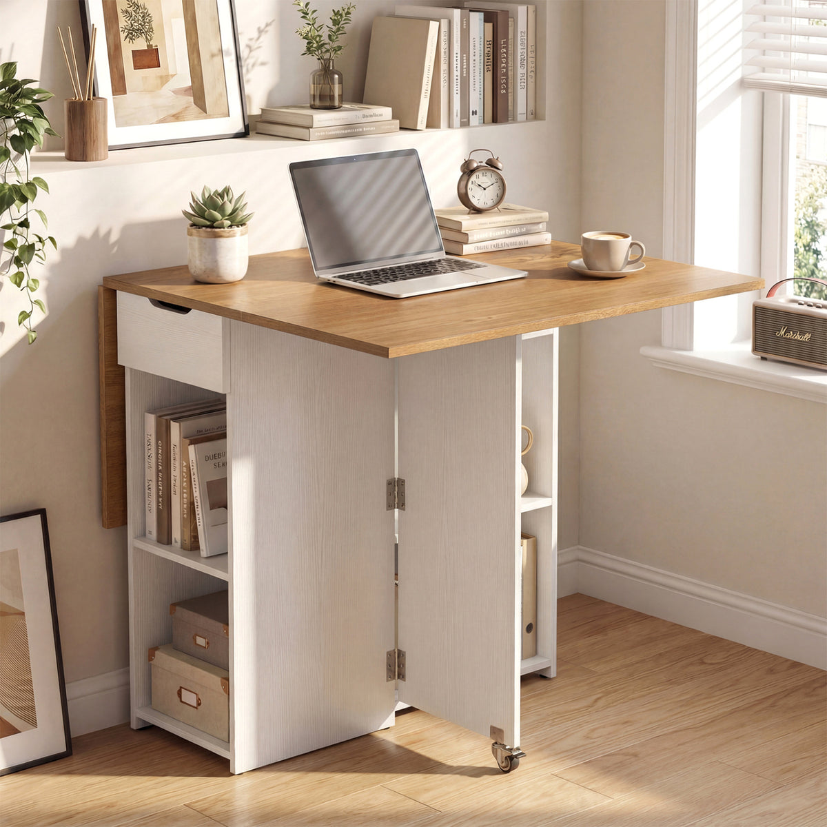 Farmhouse Extendable Dining Table with Storage & Wheels - White