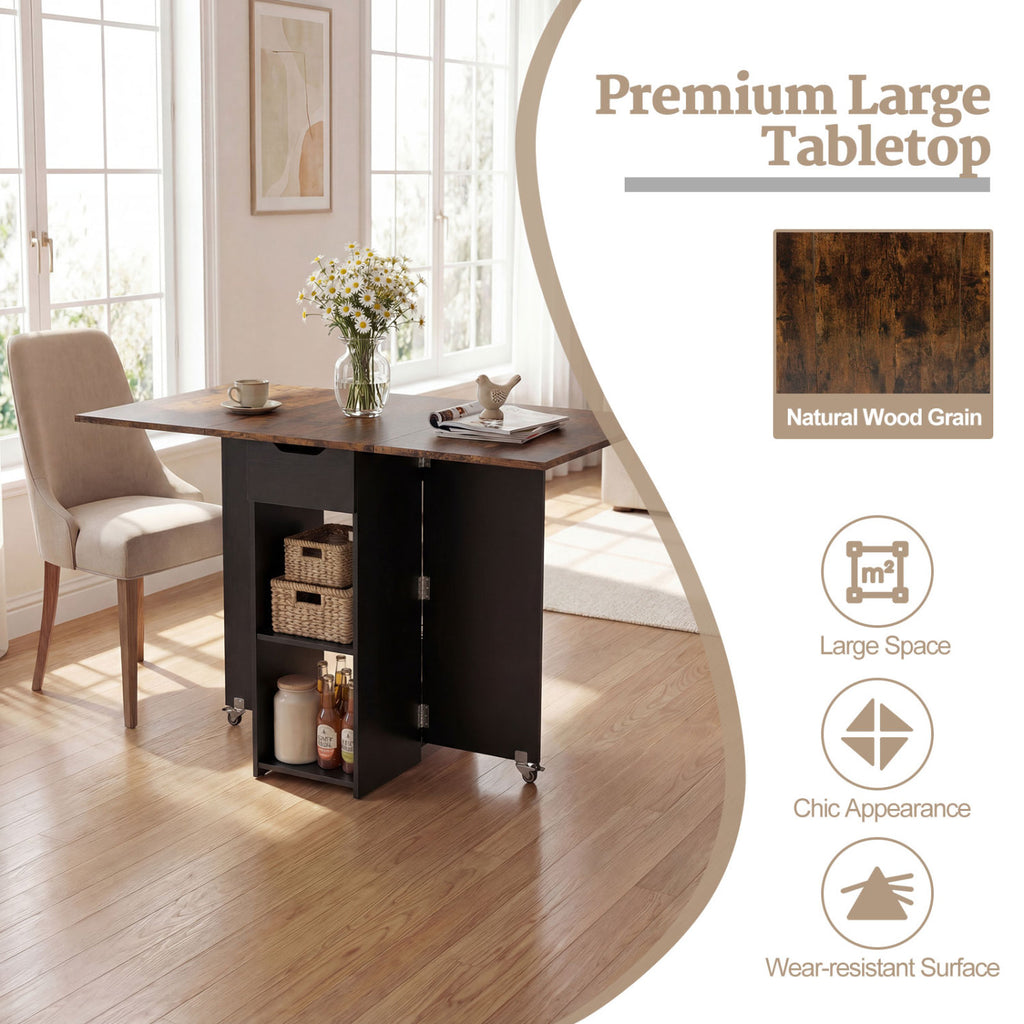 Extendable Wooden Dinner Table with Lockable Wheels - 47 Inch Rectangular with Storage