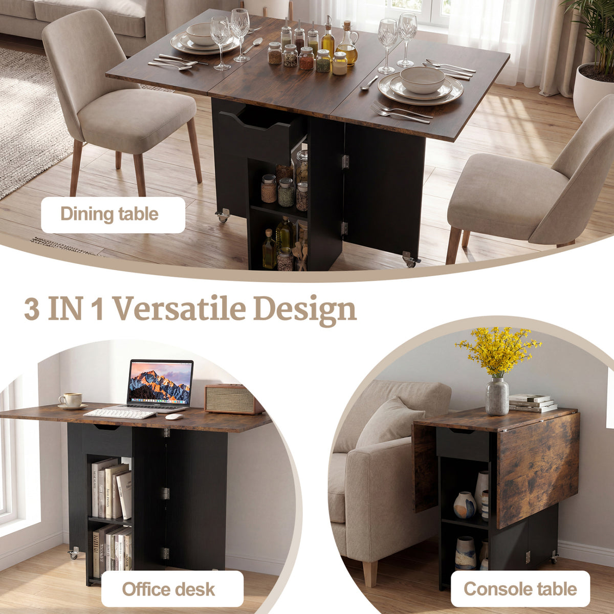 Extendable Wooden Dinner Table with Lockable Wheels - 47 Inch Rectangular with Storage