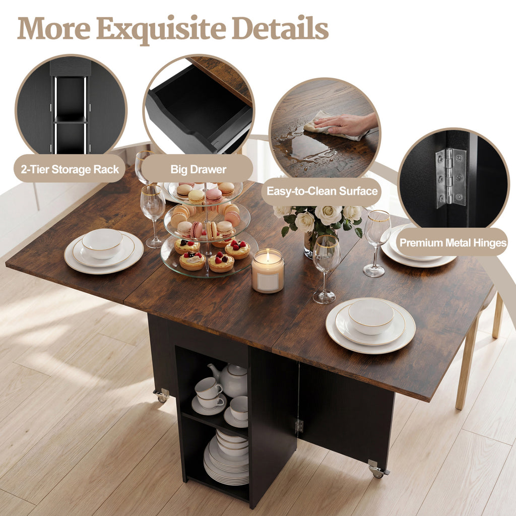 Extendable Wooden Dinner Table with Lockable Wheels - 47 Inch Rectangular with Storage