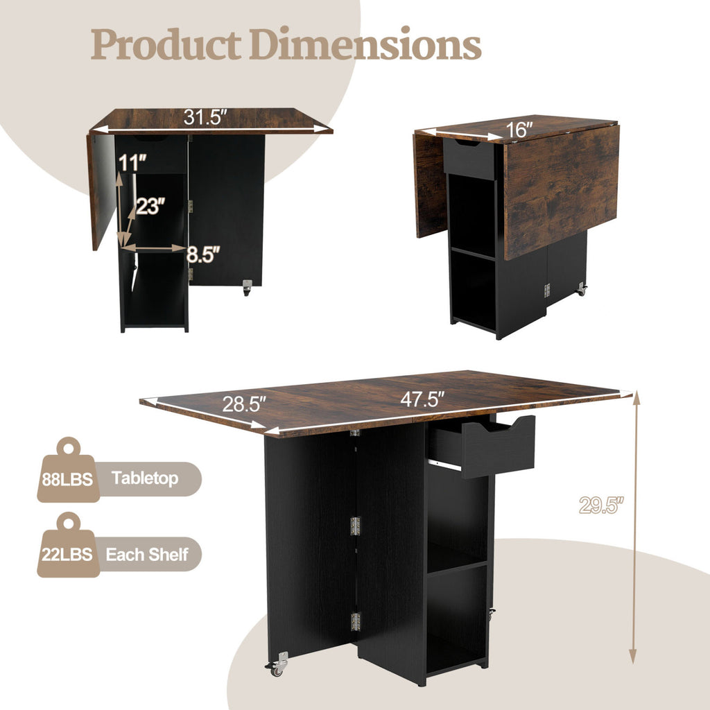 Extendable Wooden Dinner Table with Lockable Wheels - 47 Inch Rectangular with Storage