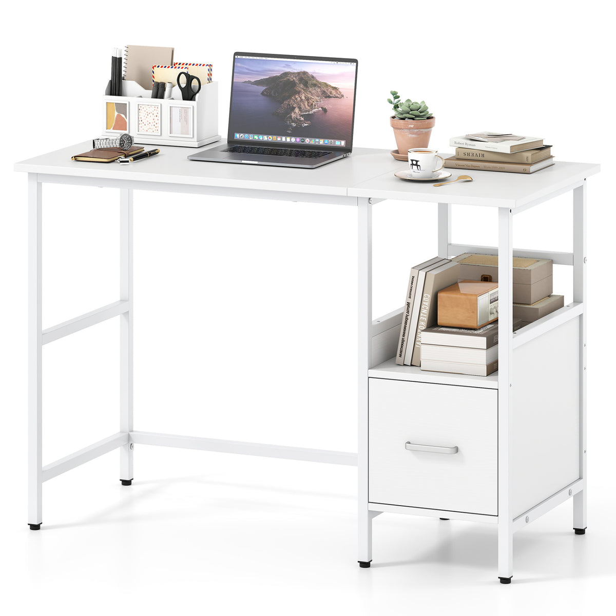 Modern Computer Desk with Storage Drawer & Shelf, White