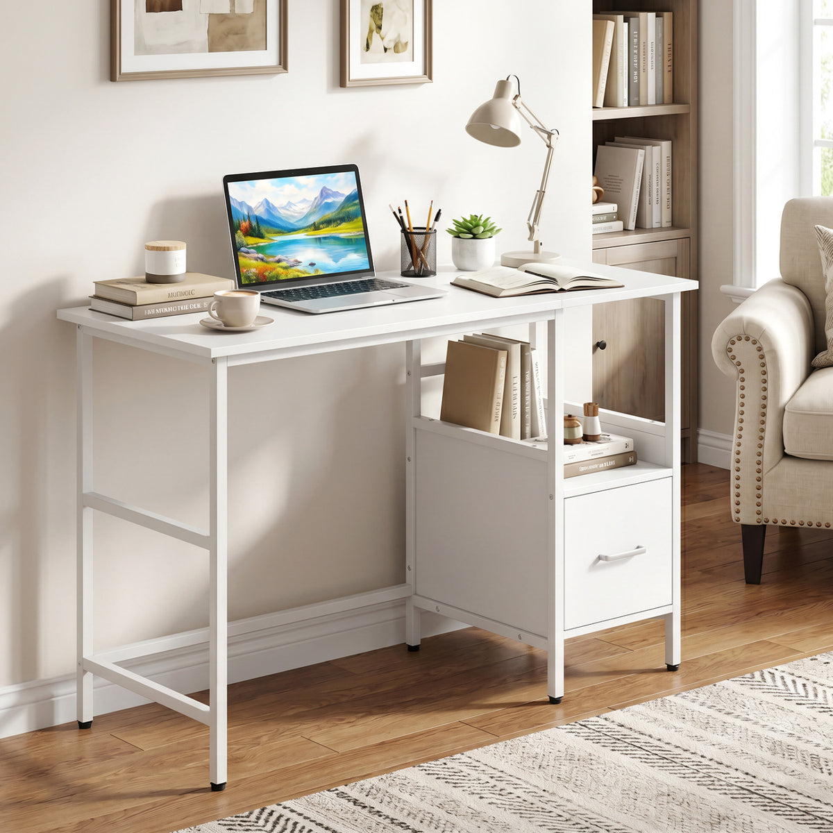 Modern Computer Desk with Storage Drawer & Shelf, White