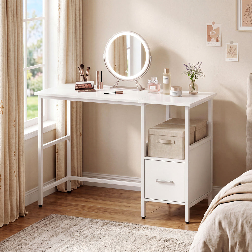 Modern Computer Desk with Storage Drawer & Shelf, White