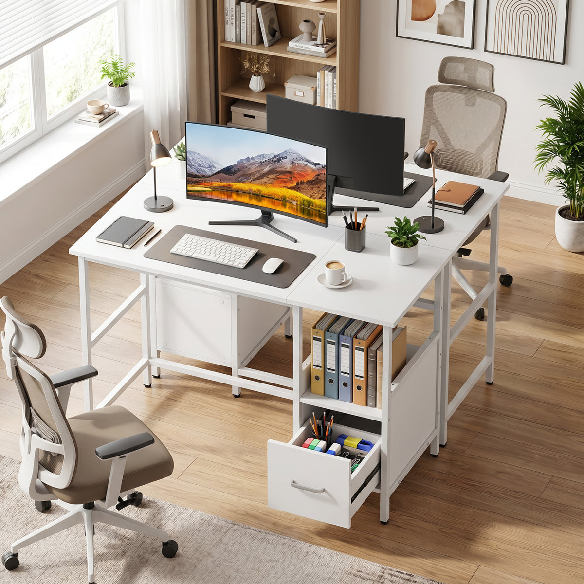 Modern Computer Desk with Storage Drawer & Shelf, White