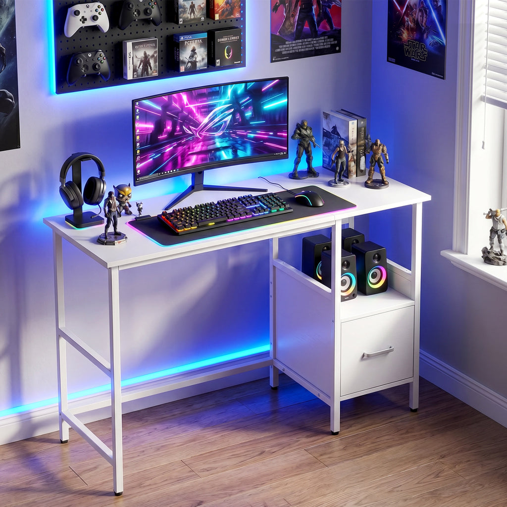 Modern Computer Desk with Storage Drawer & Shelf, White