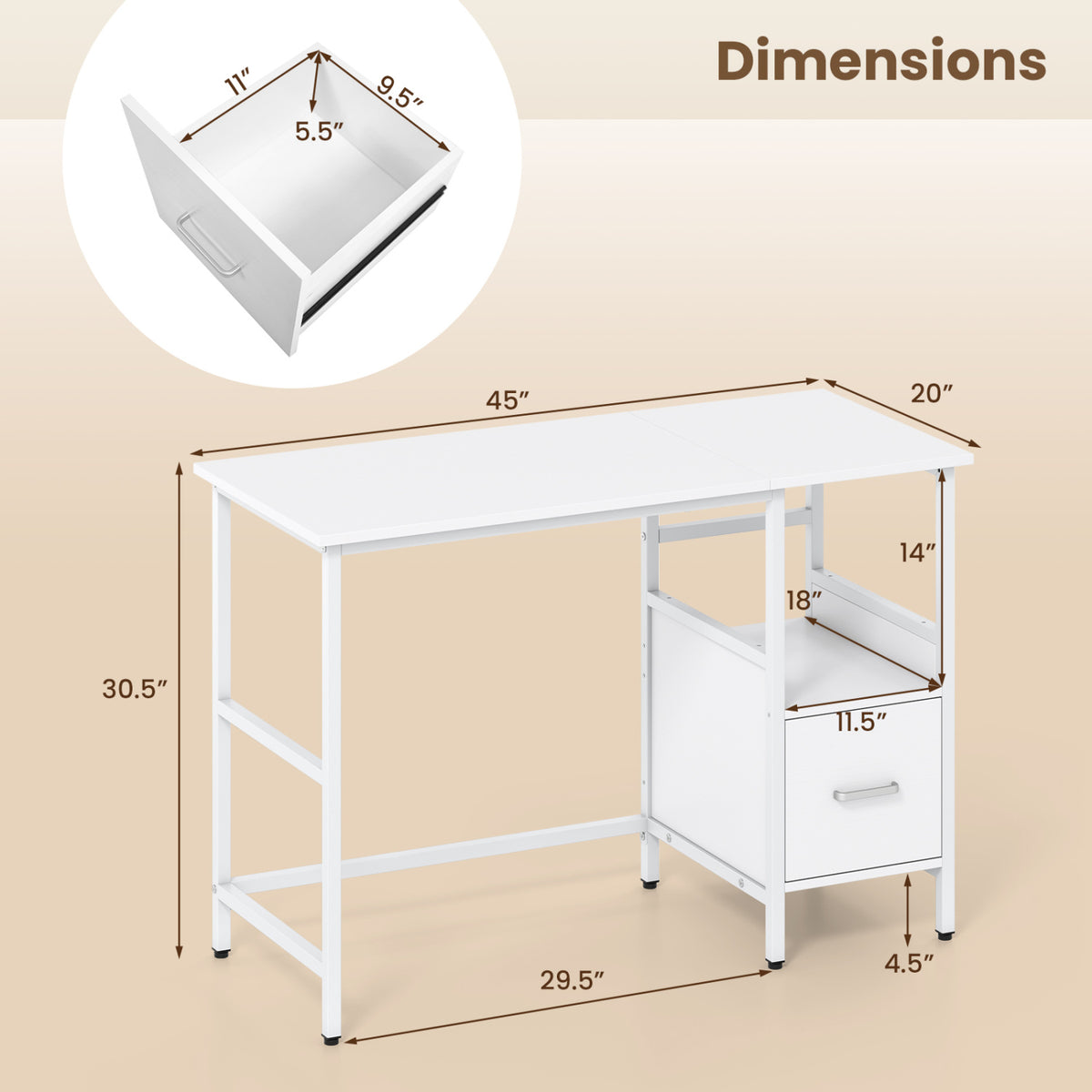 Modern Computer Desk with Storage Drawer & Shelf, White