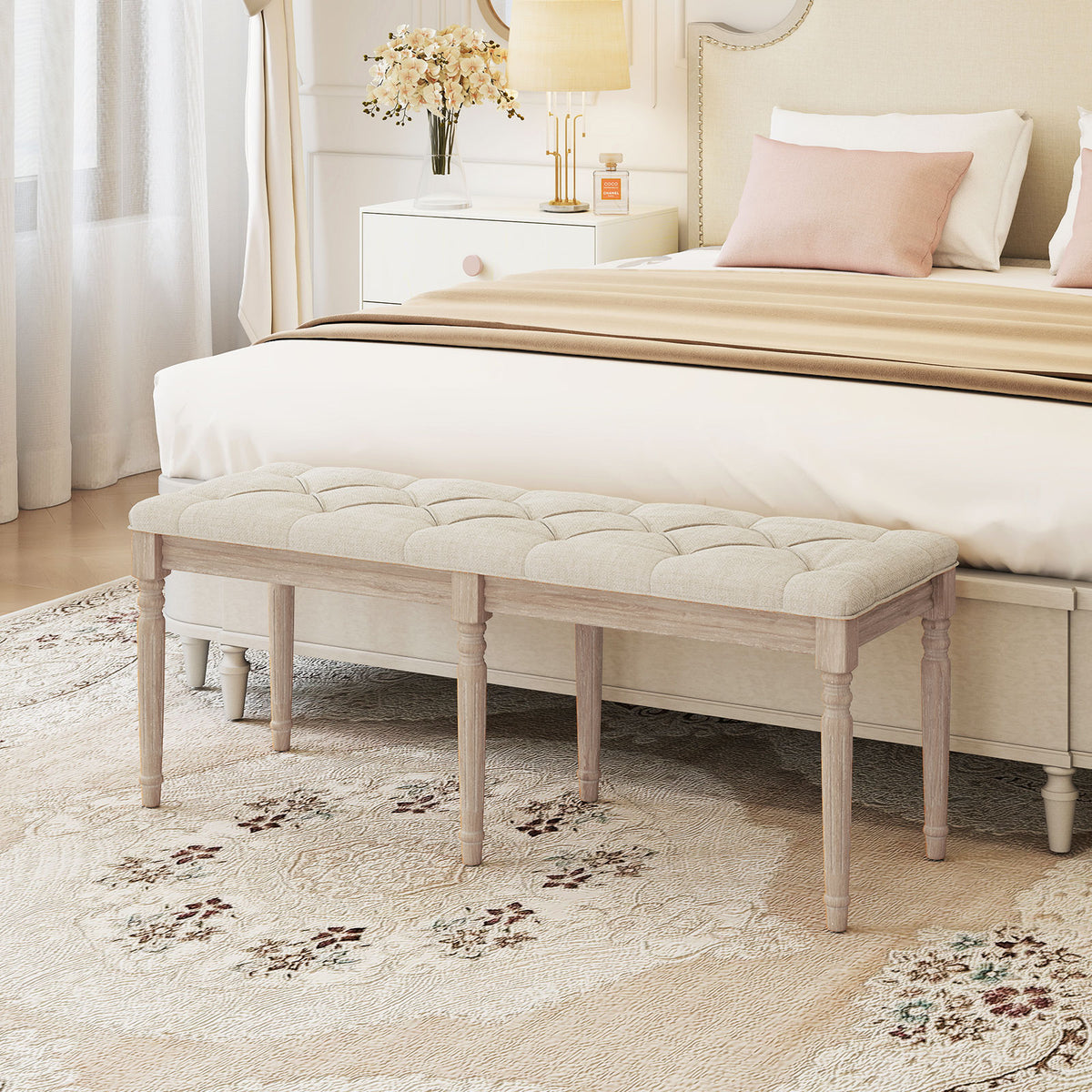 47.5 Inch Upholstered Bench with Carved Rubber Wood Legs and Padded