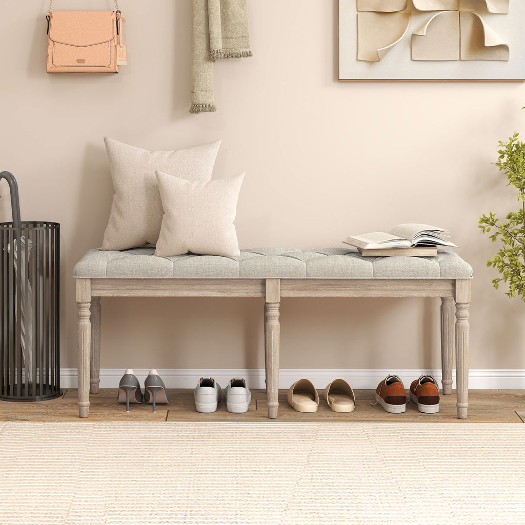 47.5 Inch Upholstered Bench with Carved Rubber Wood Legs and Padded