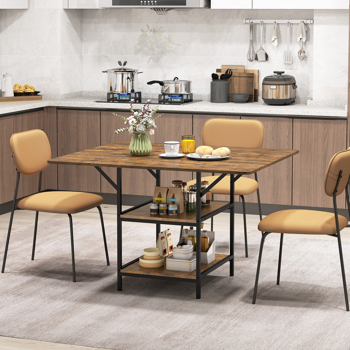 47 Inch Dining Table with Storage Shelves, Rustic Brown