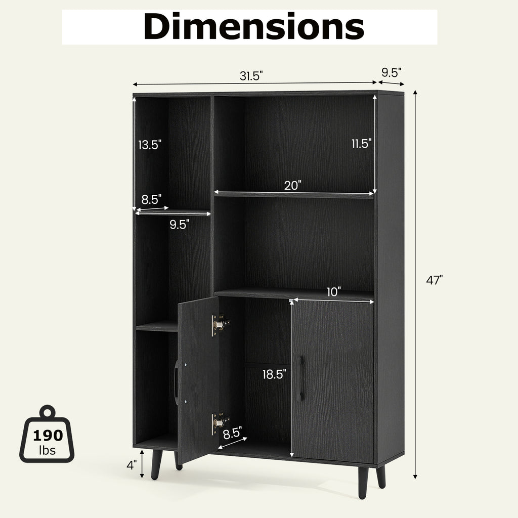 47-Inch Floor Bookshelf with 5 Open Compartments, Black