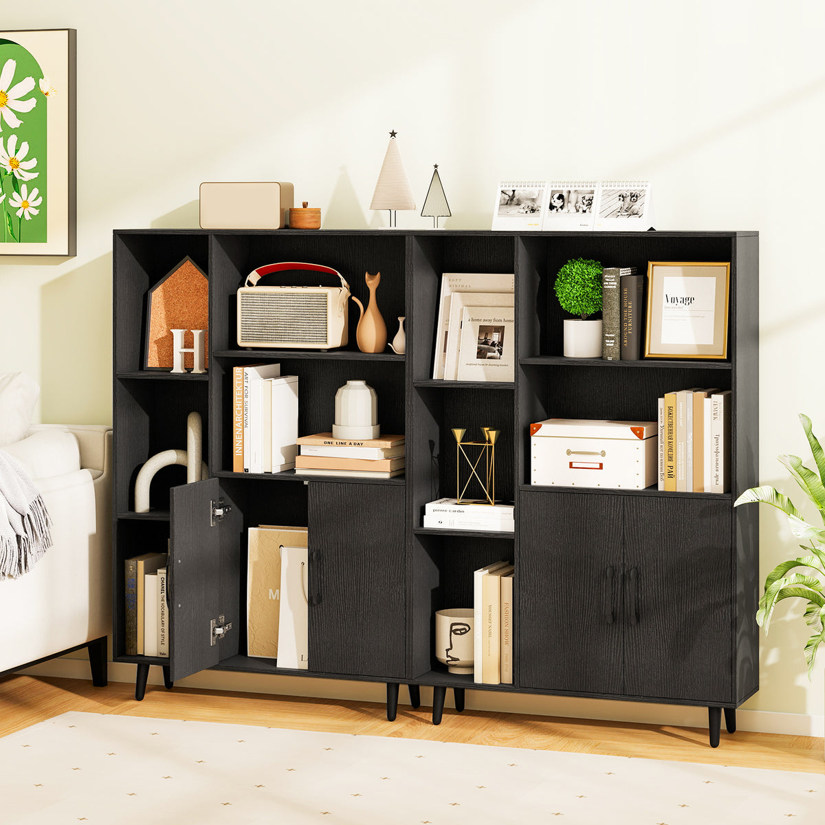 47-Inch Floor Bookshelf with 5 Open Compartments, Black