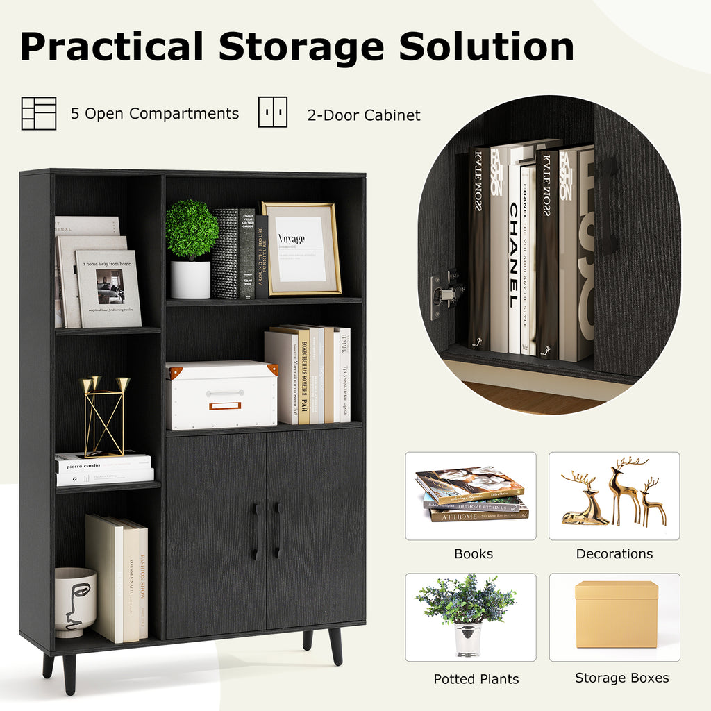 47-Inch Floor Bookshelf with 5 Open Compartments, Black