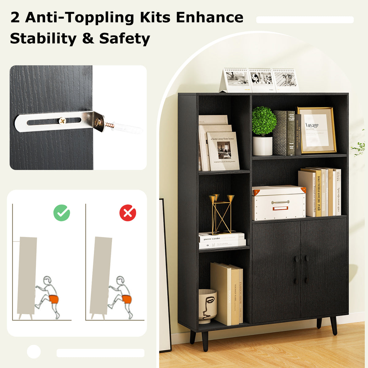 47-Inch Floor Bookshelf with 5 Open Compartments, Black