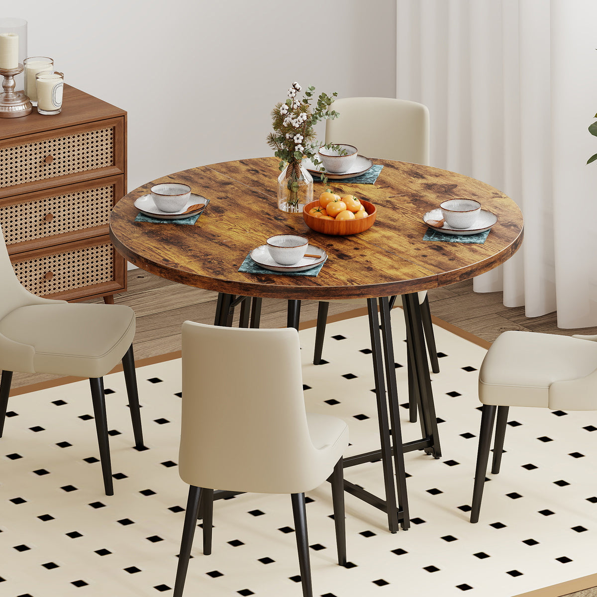 47-Inch Round Dining Table for 4-6 People - Rustic Brown