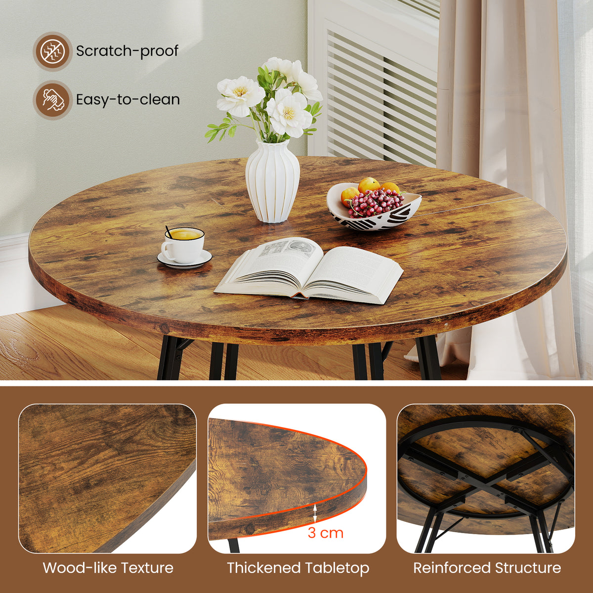 47-Inch Round Dining Table for 4-6 People - Rustic Brown