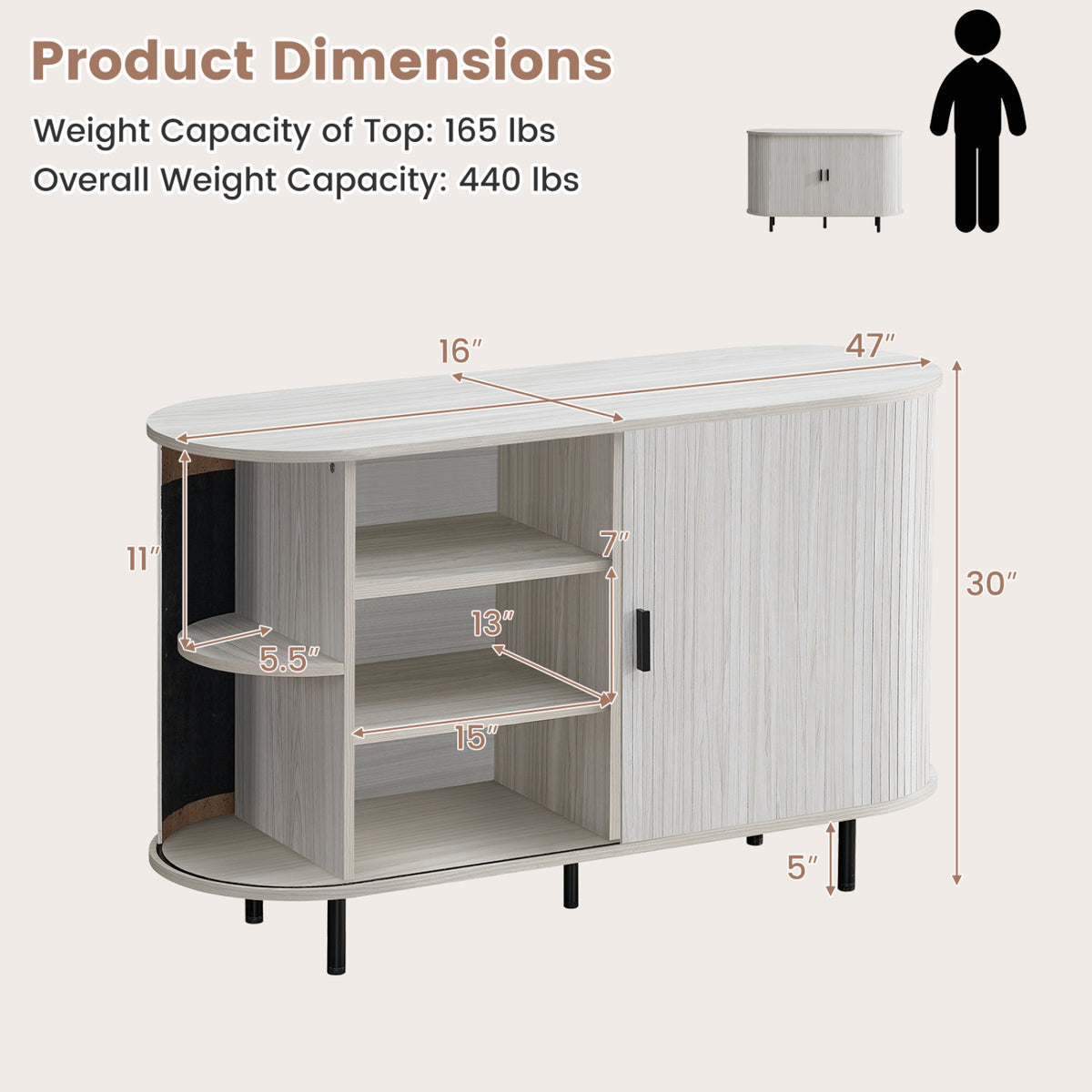 47 Inch Fluted Sideboard with Sliding Doors - Gray