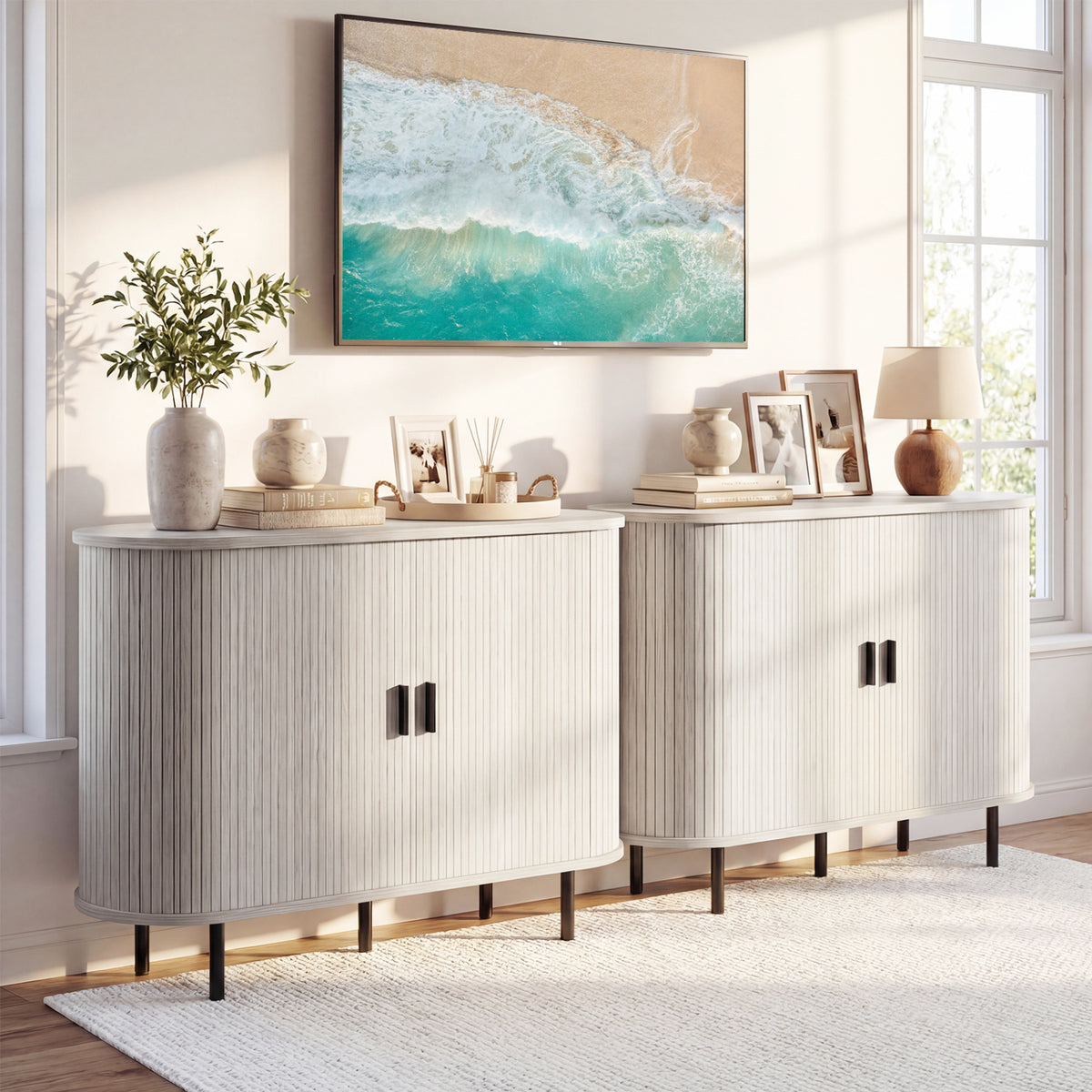 47 Inch Fluted Sideboard with Sliding Doors - Gray