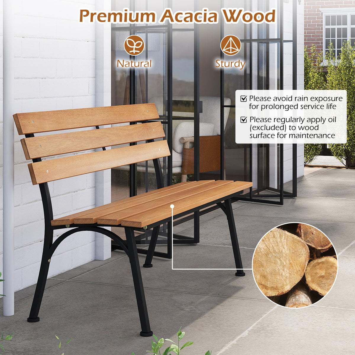 47 Inch Outdoor Acacia Wood Bench with Metal Frame