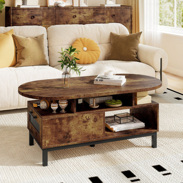47 Inch Oval Coffee Table with Storage – Rustic Brown
