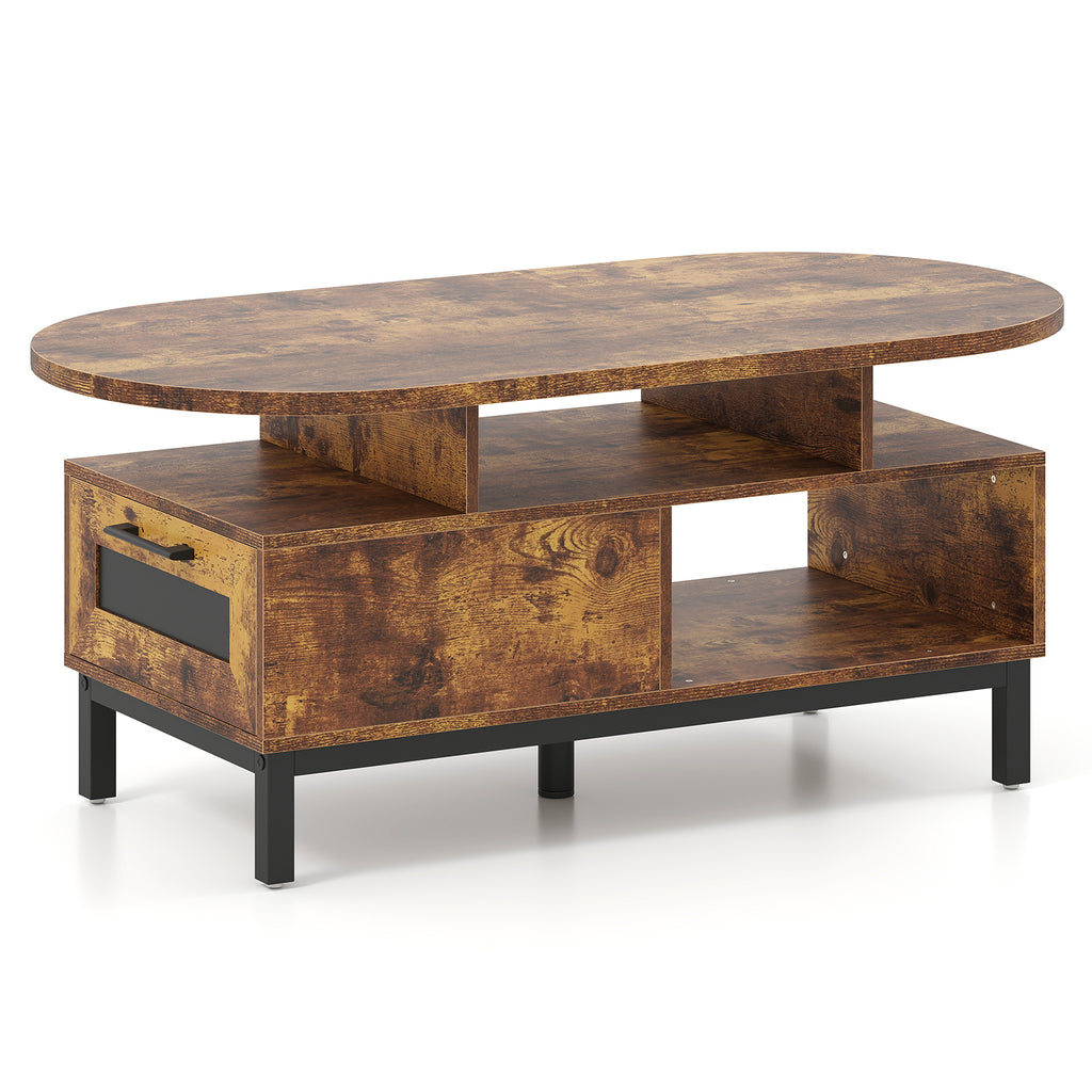 47 Inch Oval Coffee Table with Storage – Rustic Brown