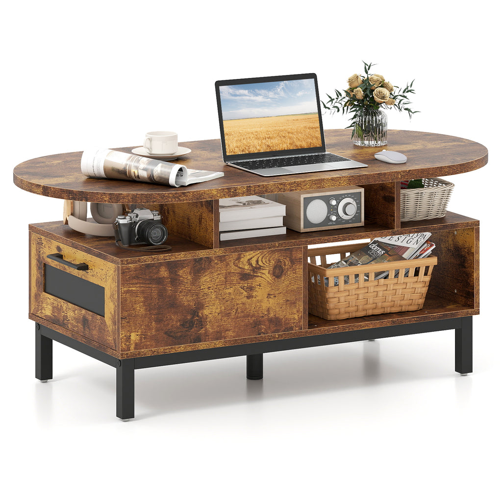 47 Inch Oval Coffee Table with Storage – Rustic Brown