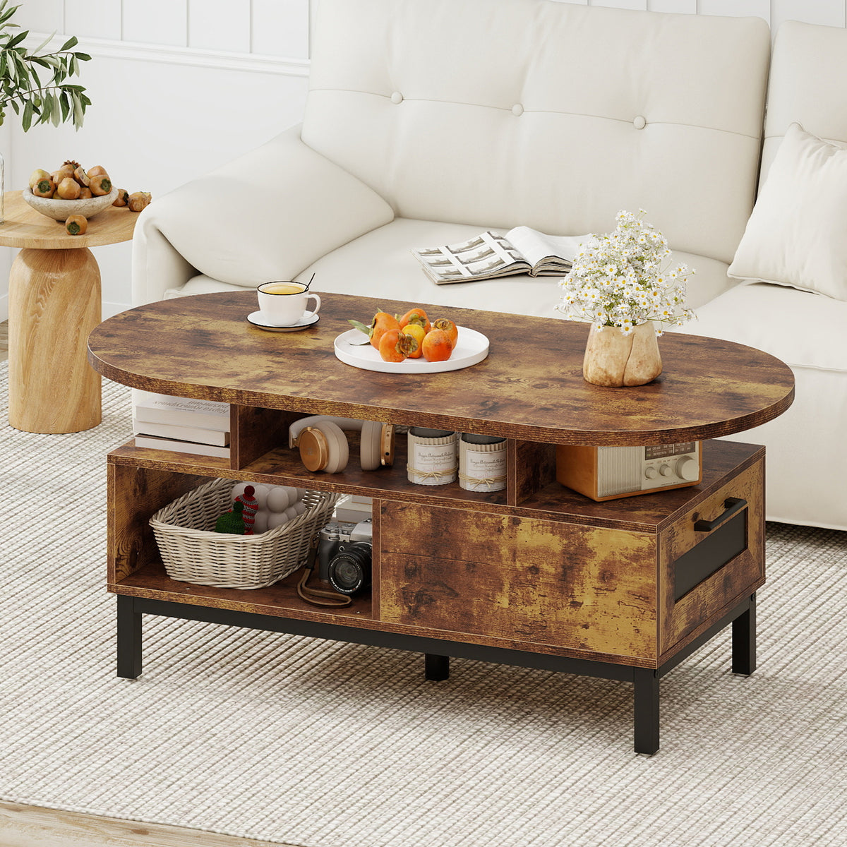47 Inch Oval Coffee Table with Storage – Rustic Brown
