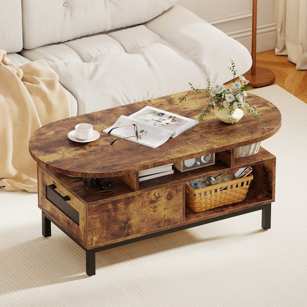 47 Inch Oval Coffee Table with Storage – Rustic Brown