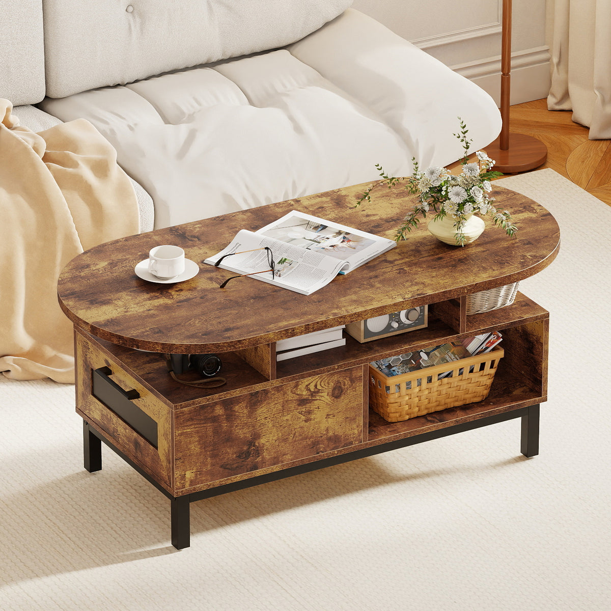 47 Inch Oval Coffee Table with Storage – Rustic Brown