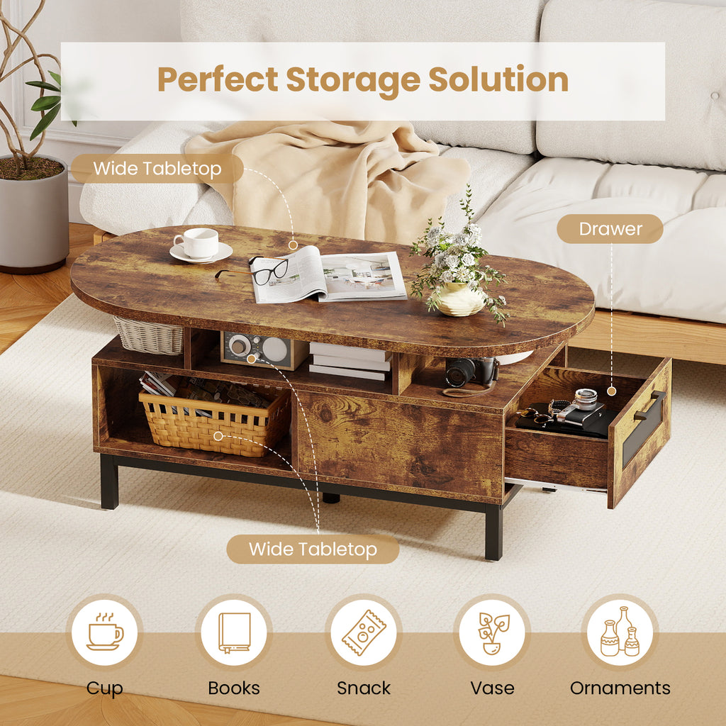 47 Inch Oval Coffee Table with Storage – Rustic Brown