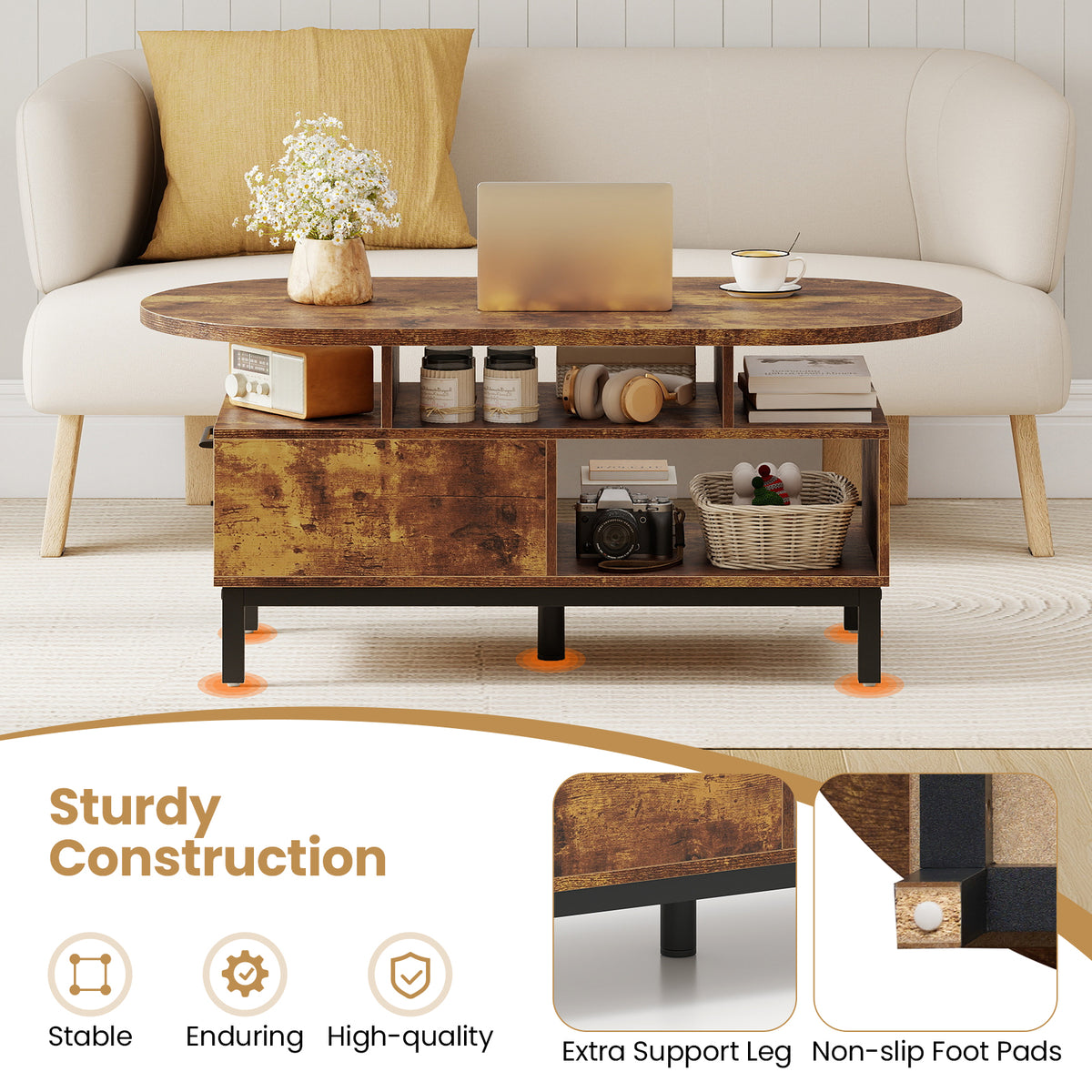 47 Inch Oval Coffee Table with Storage – Rustic Brown