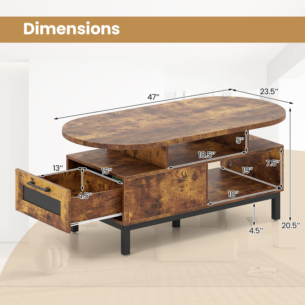 47 Inch Oval Coffee Table with Storage – Rustic Brown