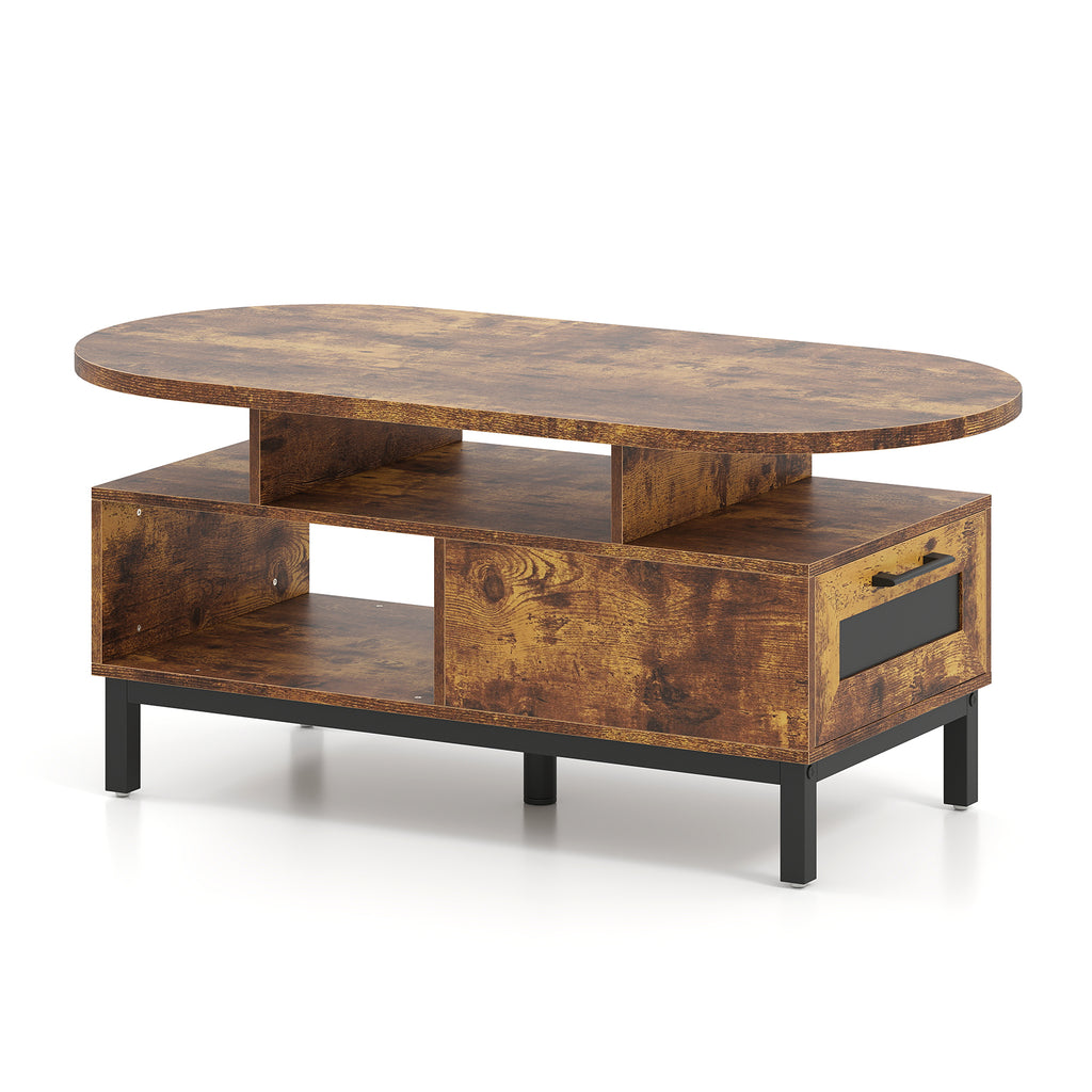 47 Inch Oval Coffee Table with Storage – Rustic Brown