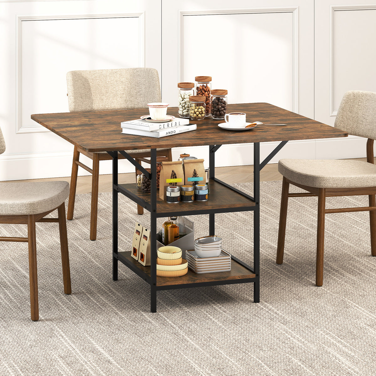 47 Inch Dining Table with Storage Shelves, Rustic Brown