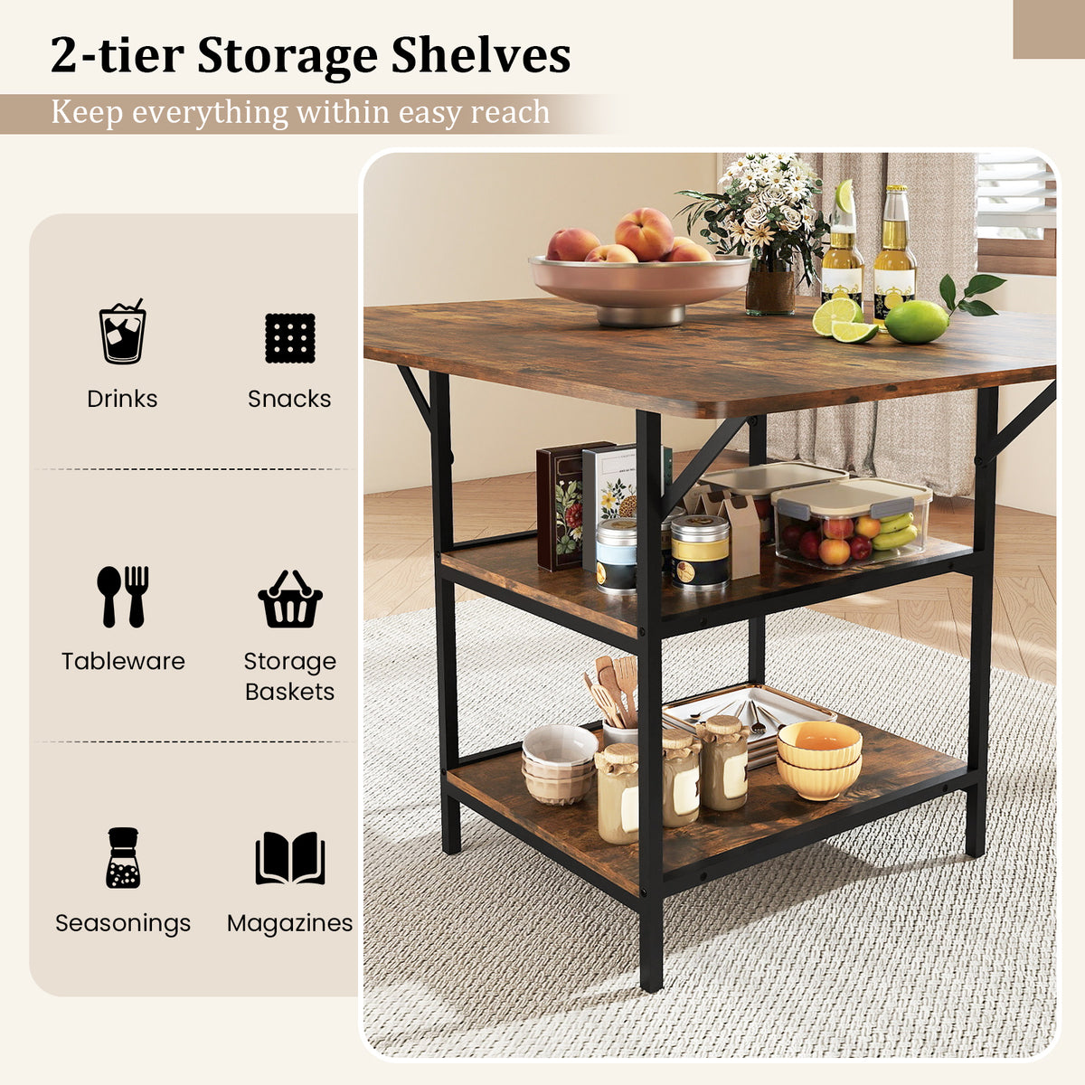 47 Inch Dining Table with Storage Shelves, Rustic Brown