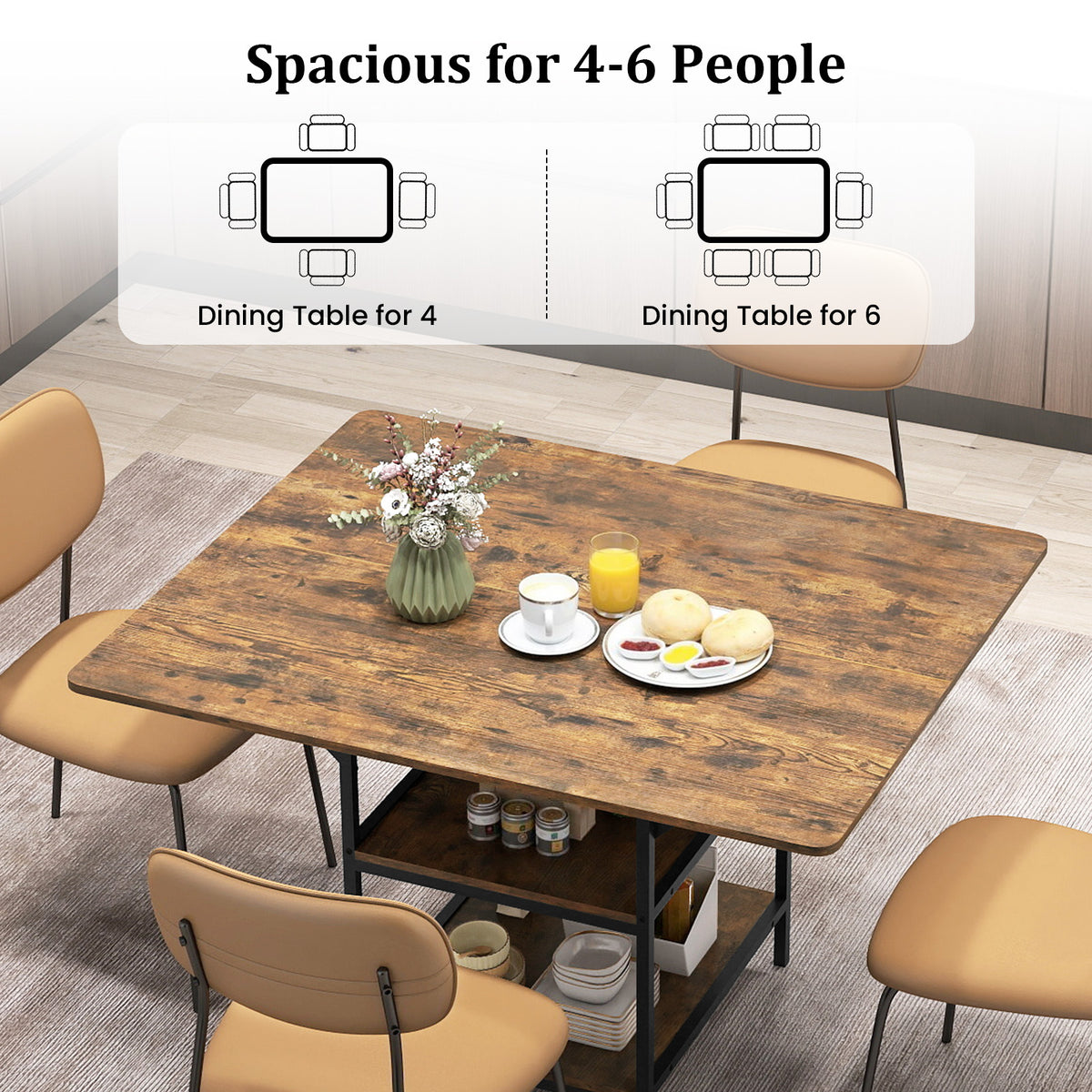 47 Inch Dining Table with Storage Shelves, Rustic Brown