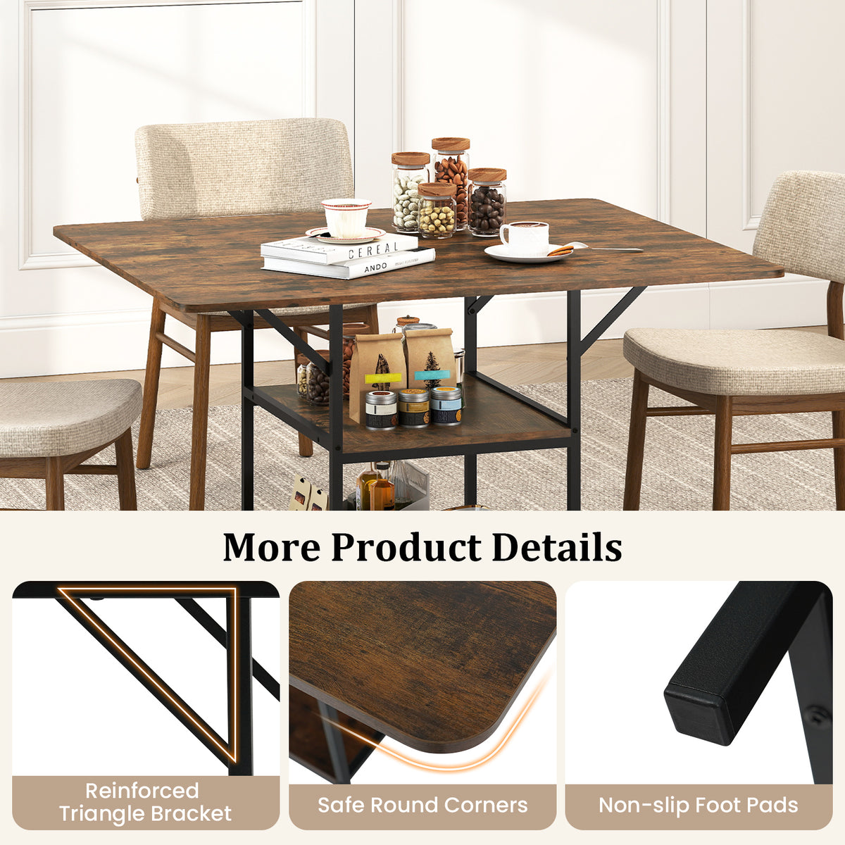 47 Inch Dining Table with Storage Shelves, Rustic Brown