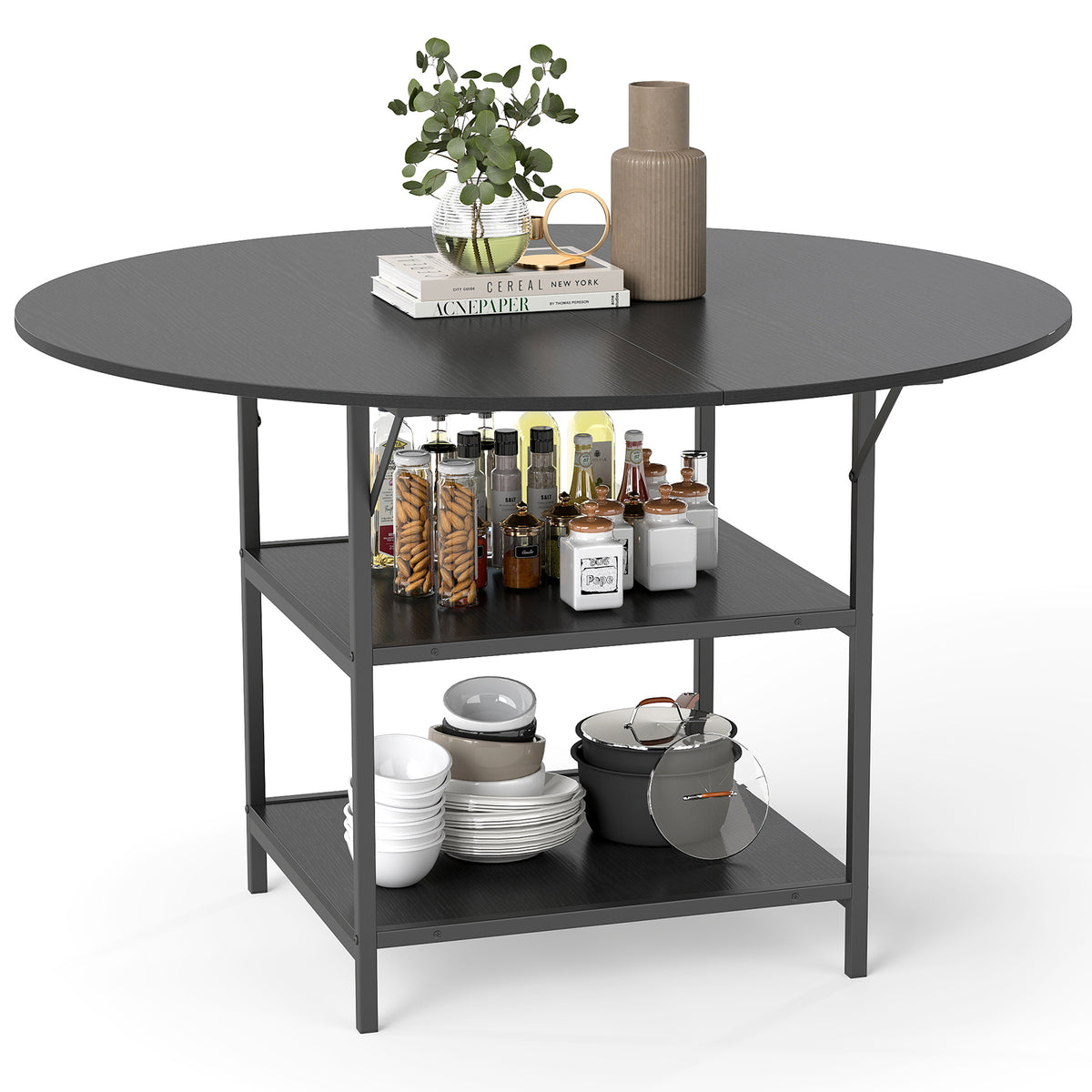 47 Inch Round Dining Table with Storage - Black