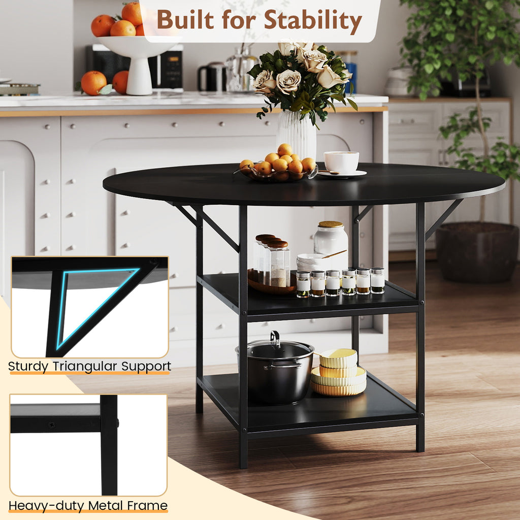 47 Inch Round Dining Table with Storage Shelves, Black