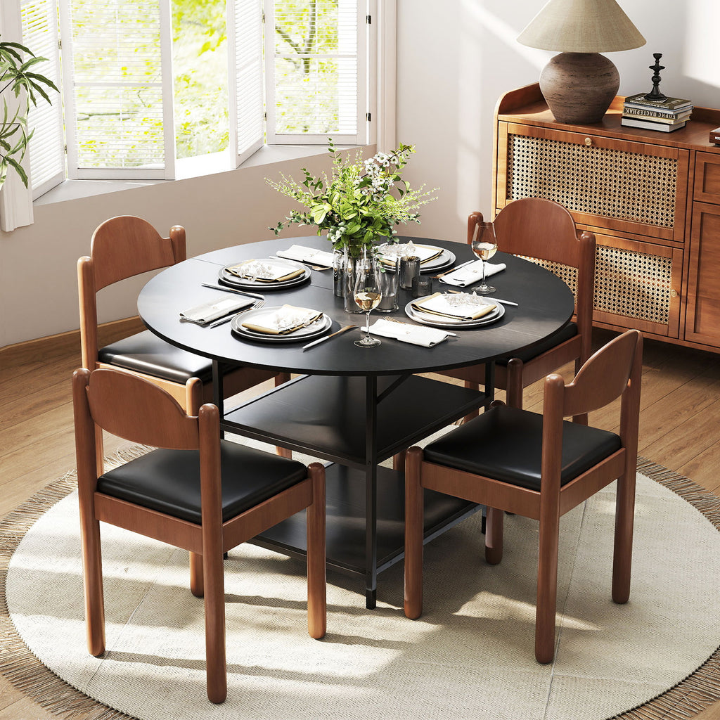 47 Inch Round Dining Table with Storage Shelves, Black
